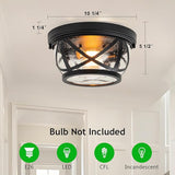 2 Light Black Farmhouse Ceiling Light with Seeded Glass Flush Mount Fixture