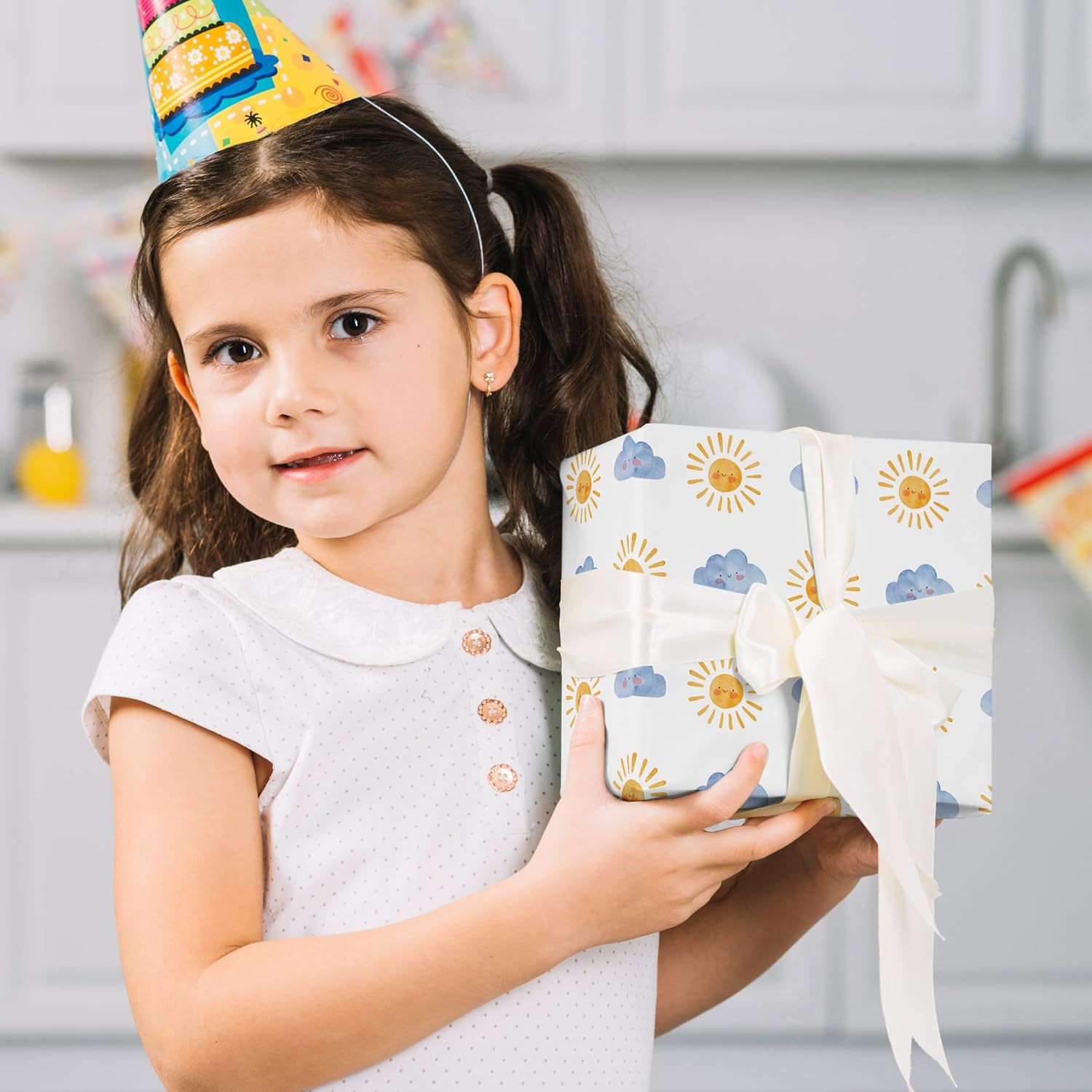 Sun Baby Shower Wrapping Paper For Kids Boys Girls - Happy Weather Gift Wrap With Sun Smile And Cloud Design For Birthday, Baby Shower Kids Party - 28×40 Inches, 4 Jumbo Folded Sheets
