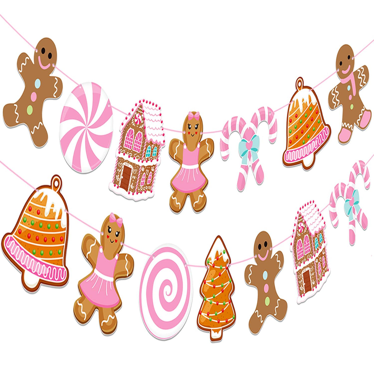 Pink Gingerbread Banners Christmas Gingerbread Theme Party Decorations 2Pcs Christmas Candy Cane Gingerbread House Cutout Banners Holiday Xmas Tree Hanging Decor For Girls Merry Xmas Party Supplies