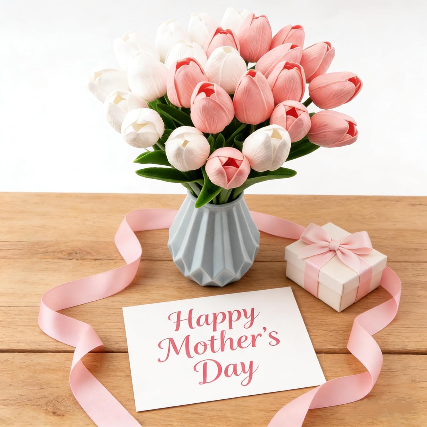 28 Pcs Artificial Tulips, 13.5 Inches Pu Faux Tulip Flowers For Spring Easter Celebration Mother’S Day Brunch Table Decor?White+Pink