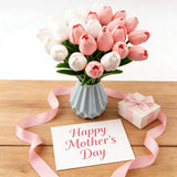28 Pcs Artificial Tulips, 13.5 Inches Pu Faux Tulip Flowers For Spring Easter Celebration Mother’S Day Brunch Table Decor?White+Pink