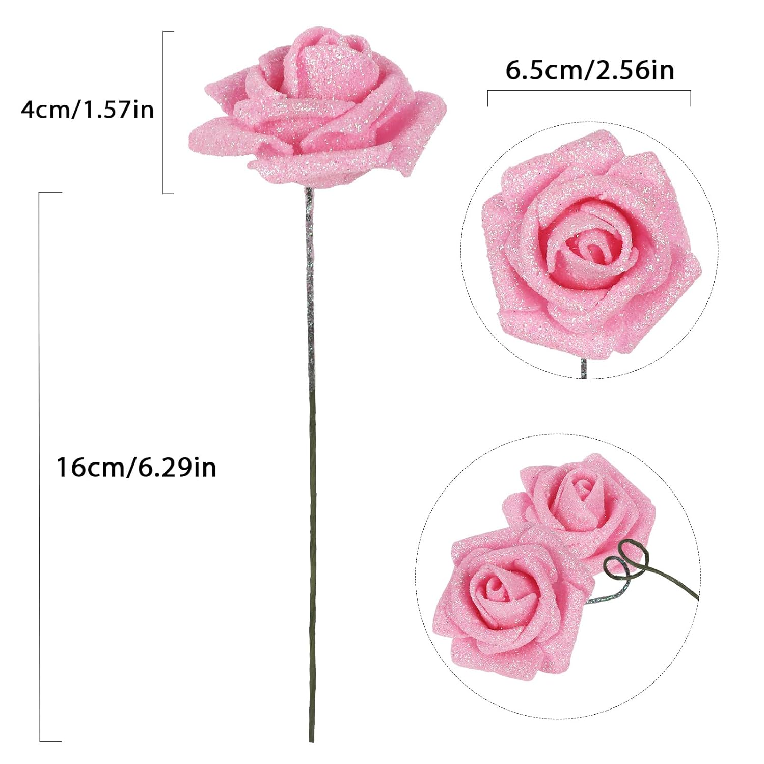 Pink Glitter Roses 30Pcs Pink Roses Artificial Flowers With Glitter 2.56" Artificial Roses With Stems Fake Pink Roses For Baby Shower Decorations Flower Centerpieces For Table (Pink)