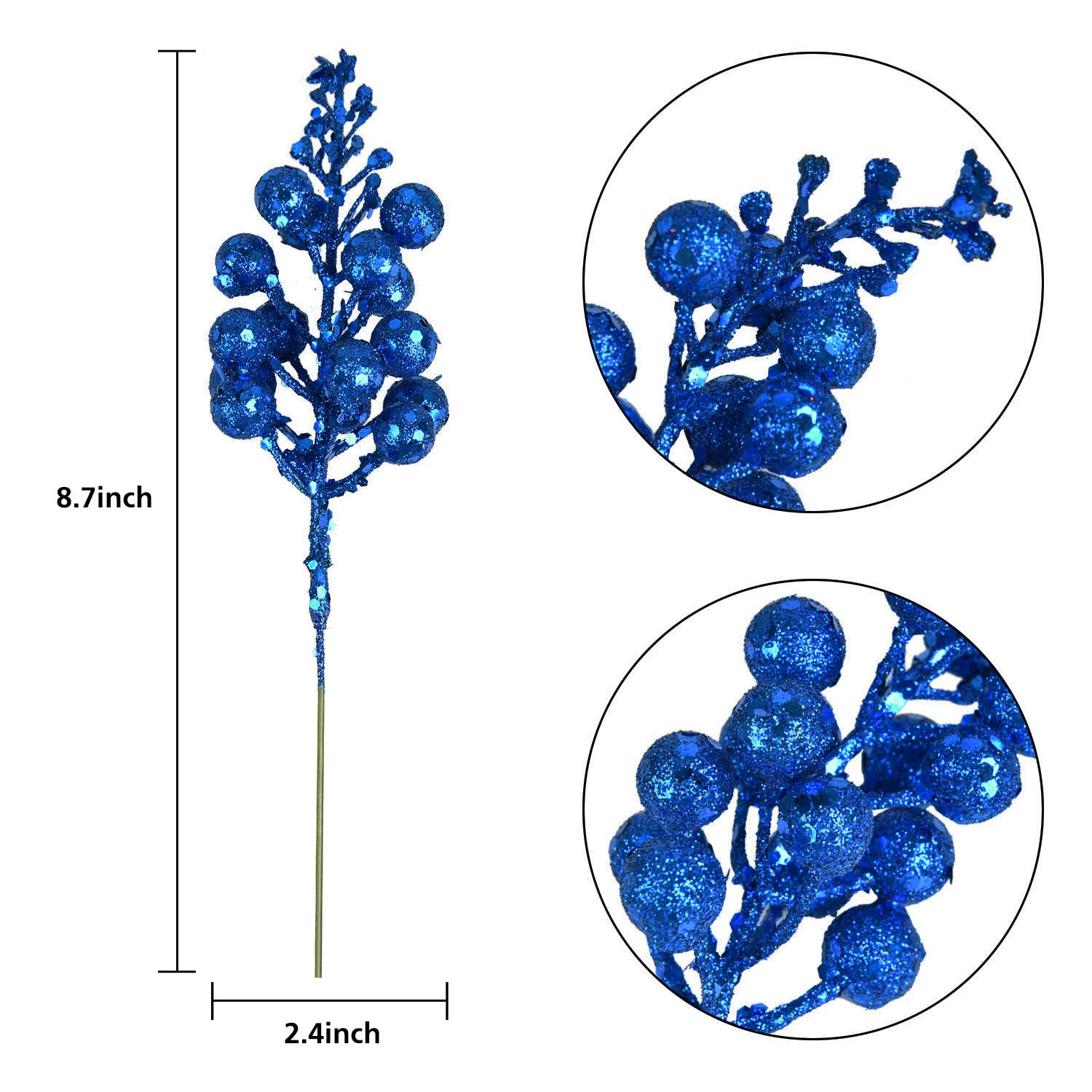 16Pcs Christmas Glitter Berry Stems, 7.8" Artificial Christmas Picks For Christmas Tree Ornaments, Diy Xmas Wreath, Crafts, Holiday And Home Decor (Dark Blue)