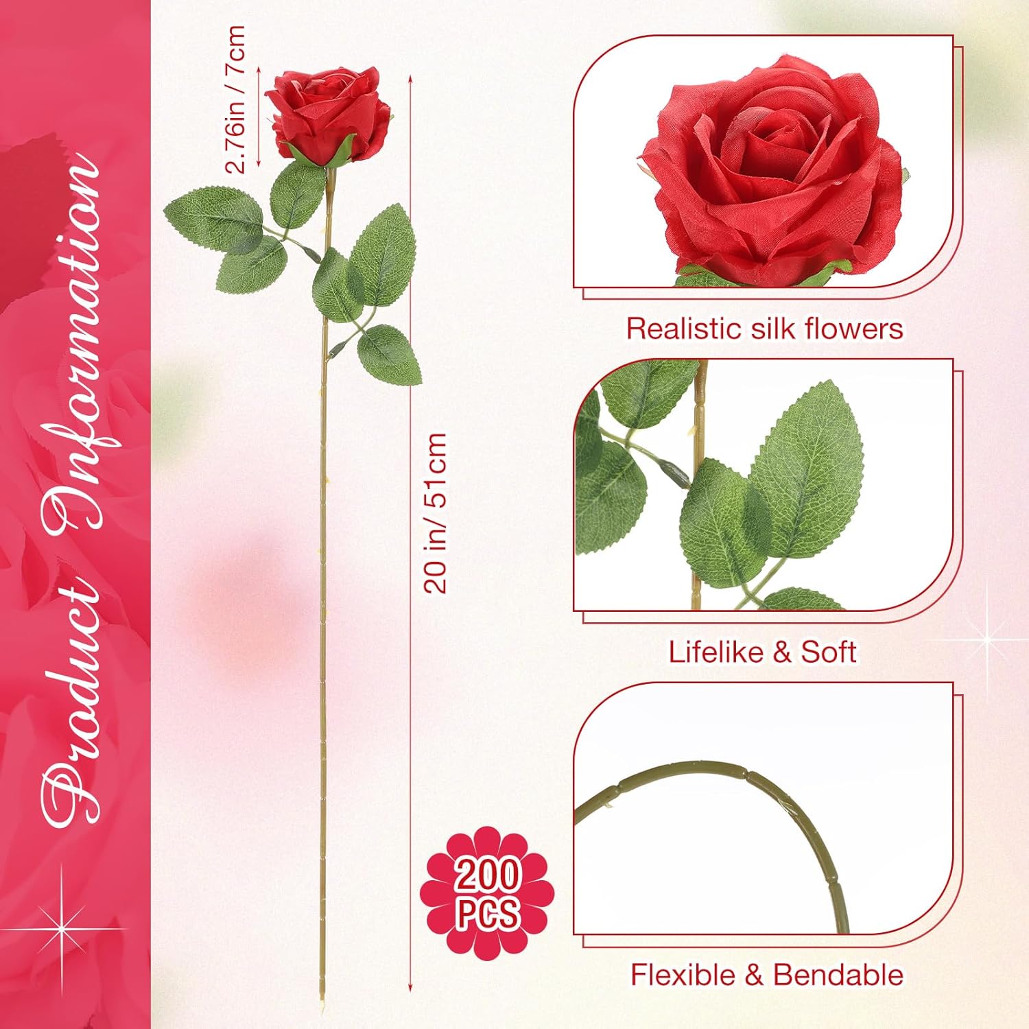 200 Pcs Artificial Roses Realistic Flowers Bulk Real Looking Fake Silk Rose Bouquets With Long Stem Flowers For Wedding Table Centerpieces Bridal Shower Party Home Garden Decor (Red)