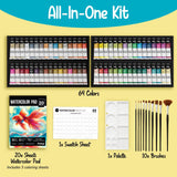 Watercolor Paint Set - 64 Water Color Paint Tubes (12Ml, 0.4Oz), 10 Painting Brushes & 1 Palette, 20 Watercolor Pad | Art Supplies For Adults & Professional Artists
