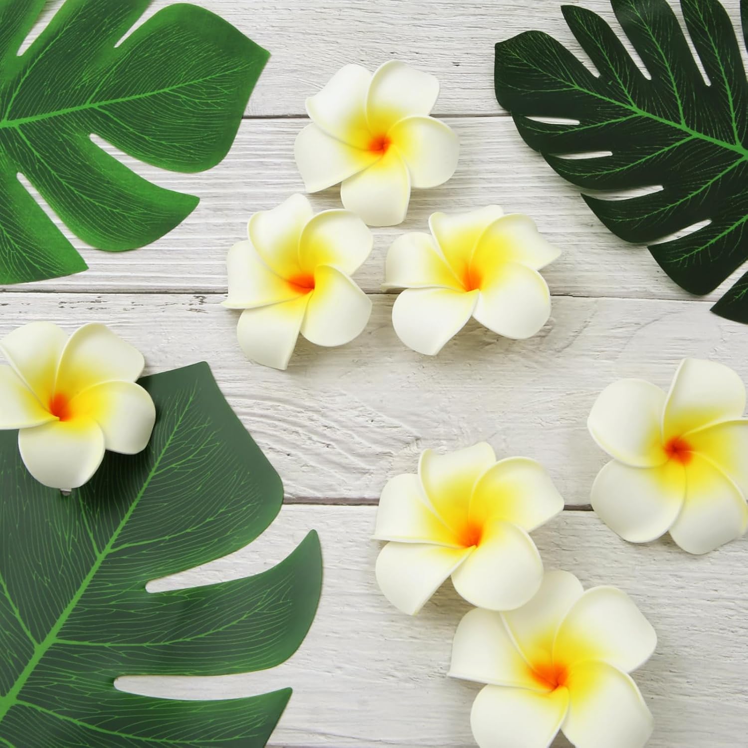 60 Pcs Artificial Palm Leaves And Plumeria Flowers For Tropical Party Decoration,Green Monstera Leaf With Plumeria Flower For Hawaiian Luau Party Table Decoration Summer Beach Tiki Bbq Wedding Decor