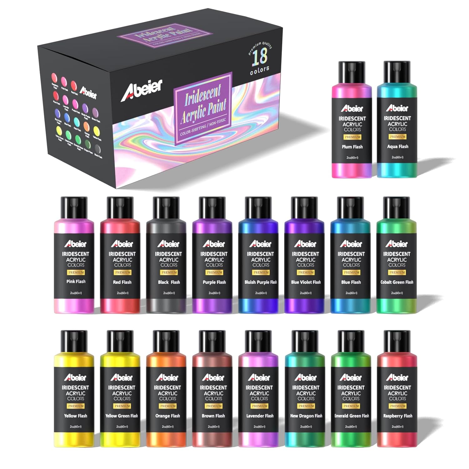 Iridescent Acrylic Paint, Set Of 18 Chameleon Colors, 2 Oz/60Ml Bottles, Color-Shifting, Non-Toxic, High Viscosity, Blendable, Paints On Rocks Crafts Canvas Wood, Fabric, Ceramic & Stone