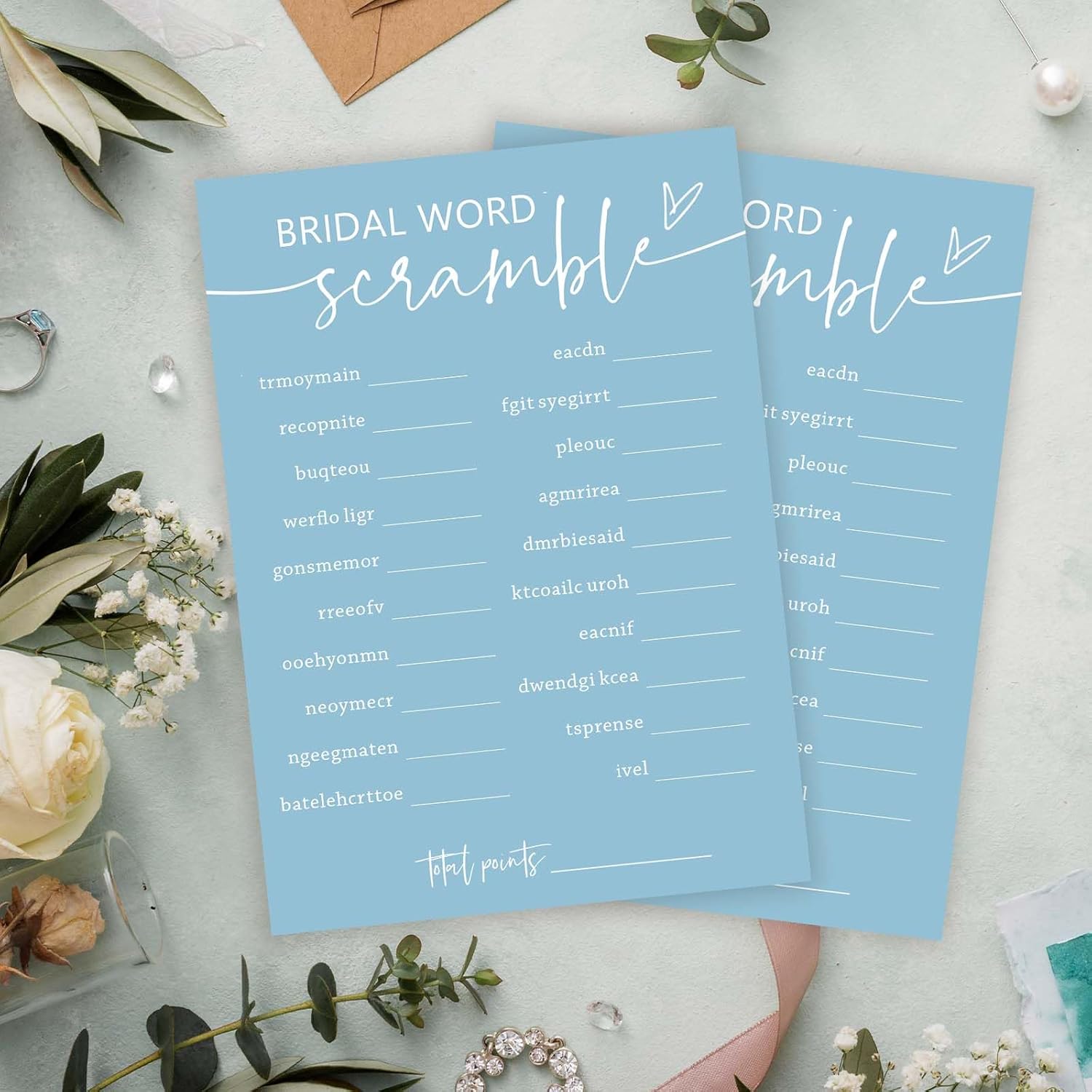 Minimalist Bridal Shower Games, 30 Light Blue Bridal Word Scramble Cards + 1 Answer Card, Wedding Bachelorette Engagement Party Supplies - A16