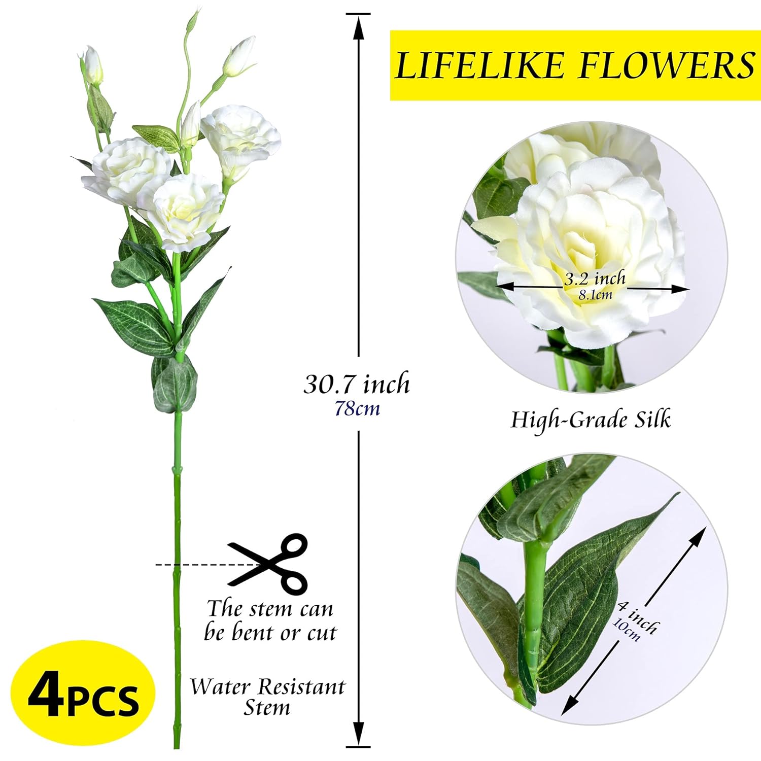 Eustoma Artificial Flowers 30” Long Stems Faux Roses Bouquet Dozen Silk Blooming Heads Diy Crafts Home Decoration, 4Pcs Bulk (White)