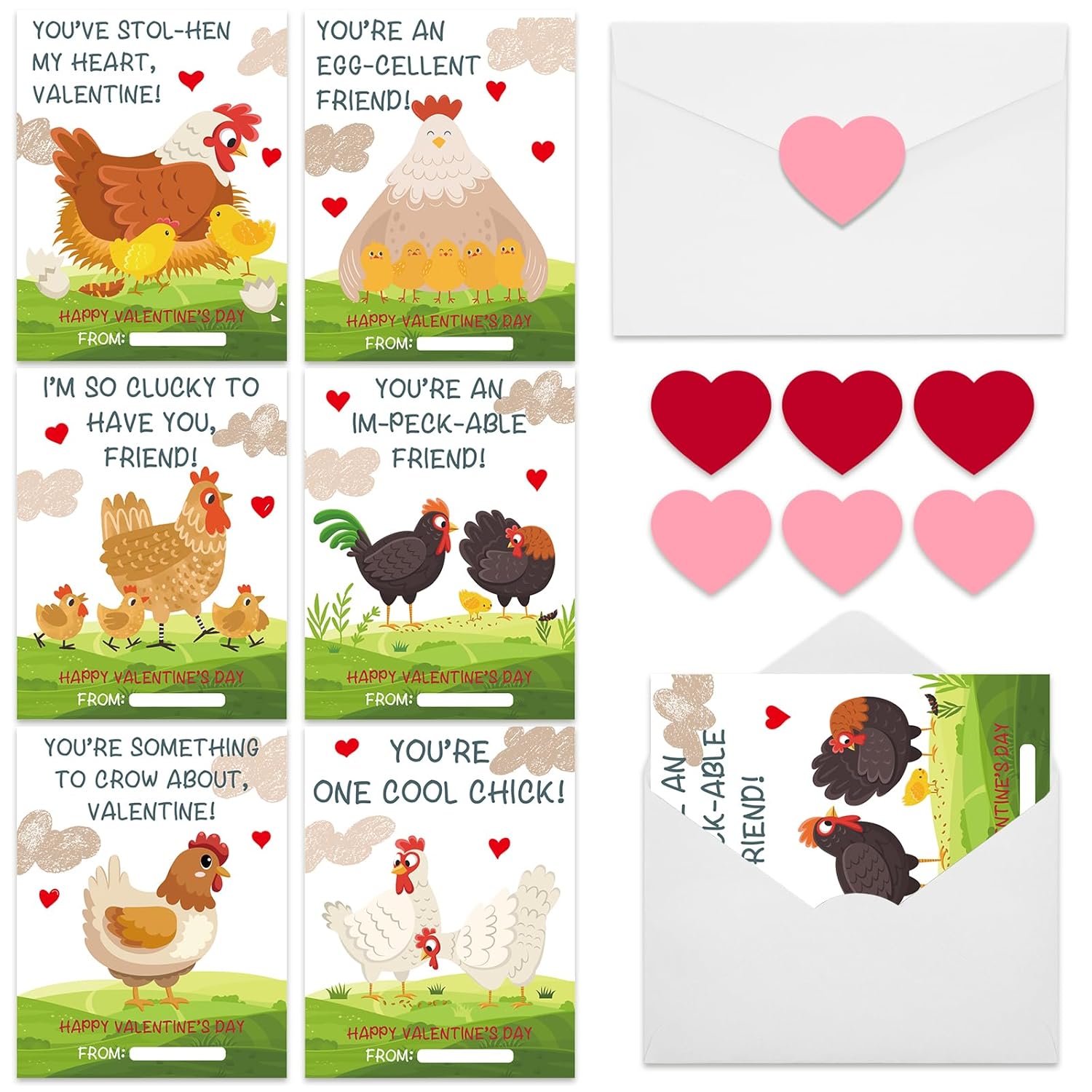 30 Pcs Chickens Valentines Day Cards For Kids Chickens Valentine Exchange Cards With Envelopes Heart Stickers Classroom School Exchange Party Favors (Chickens