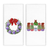 Chinoiserie Christmas Wreath Tree Kitchen Towels Set Of 2, Grandmillennial Christmas Topiary Tree Dish Tea Towels, Xmas Coquette Bow Trees Hand Towel For Kitchen Bathroom Decor 16X24Inch