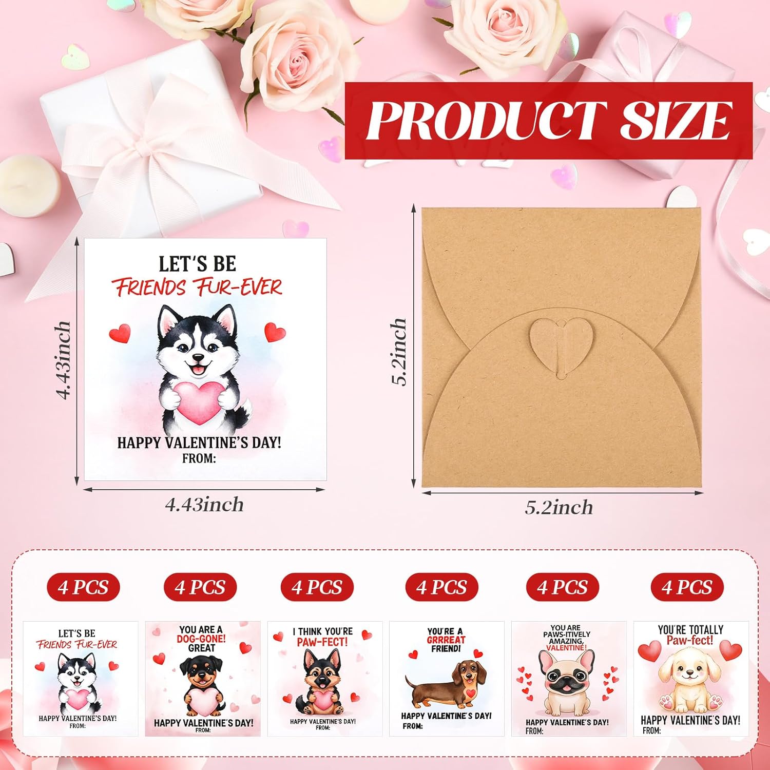 24 Pack 4.3 X 4.3 Valentine Cards With Envelopes Valentine'S Day Classroom Cards Assorted Adorable Design With Printed Message Inside For Teachers Students Coworker Family Friend(Dog)