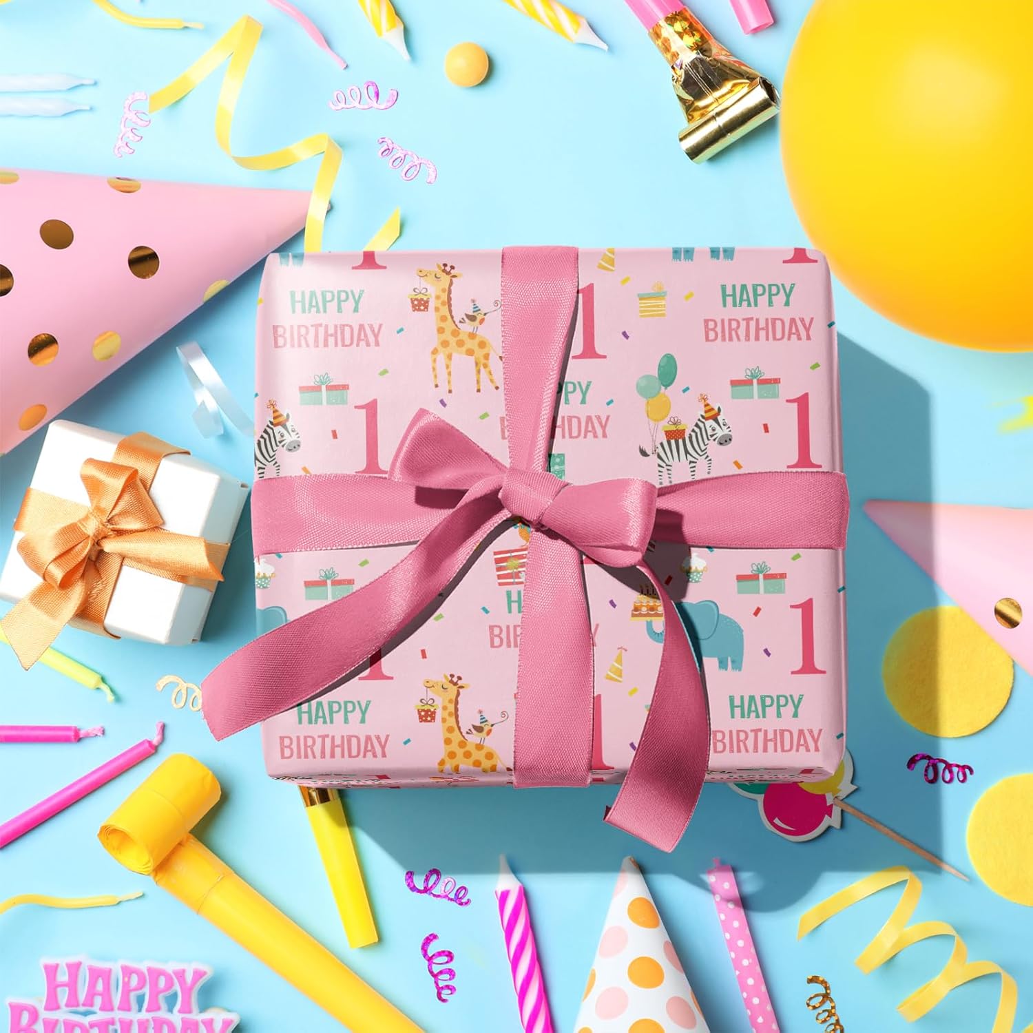 3Rd Birthday Wrapping Paper Roll - Pink Happy Birthday With Cute Animal Design For Age3 Baby Girl, Party, Baby Shower - Mini Roll - 17 Inches X 16.4 Feet (23.2 Sq.Ft.)