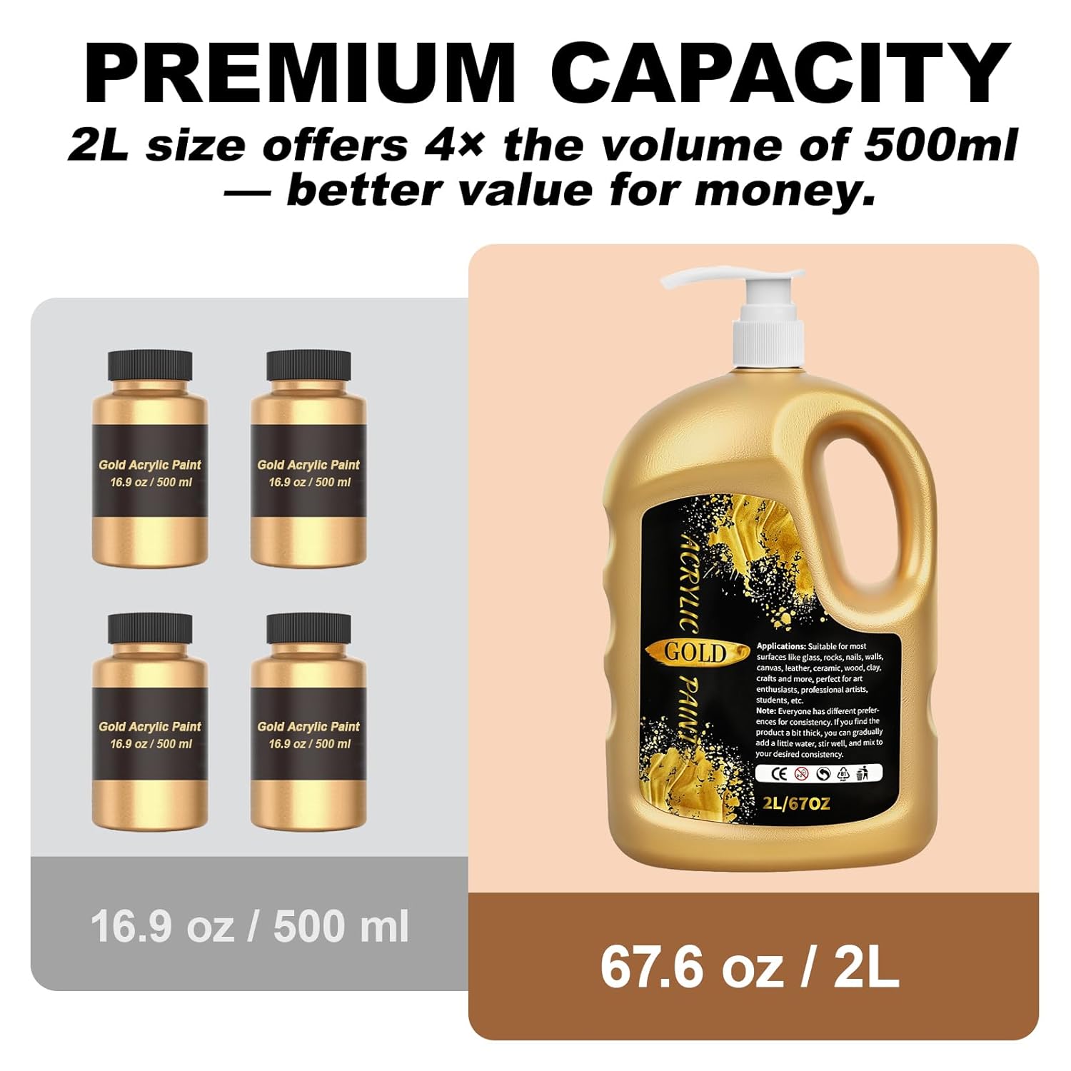 1/2 Gallon (67 Oz) Gold Acrylic Paint Metallic?Extra-Large 2 Quarts Gold Leaf Paint For Art Painting, Hand-Crafts, Non-Toxic, Non-Fading For Canvas, Wood, Fabric, Ceramic, Stone