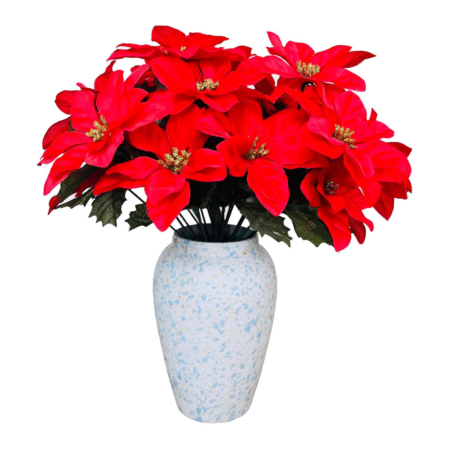 3 Pack Artificial Poinsettia Bushes – 9.8" Faux Red Poinsettia Bouquets With 7 Heads Each, Christmas Artificial Flowers For Holiday Tree, Table Centerpiece, Indoor Outdoor Décor, Diy Table Runner