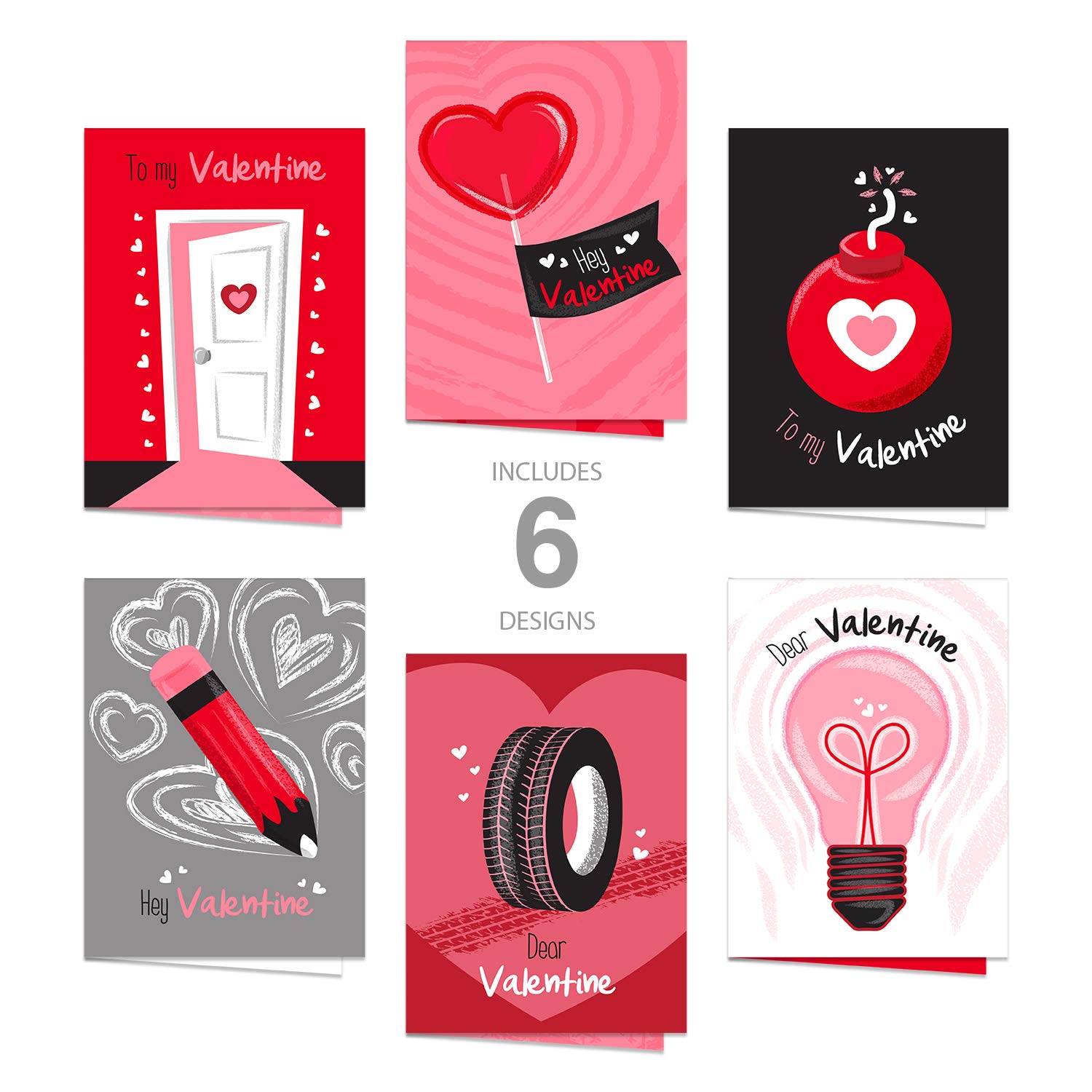 Illustrated Valentine'S Day Card Assortment / 12 Non-Romantic Valentine Friendship Cards With White Envelopes / 5" X 7" Funny Love Cards / 6 Heart Designs/Made In The Usa