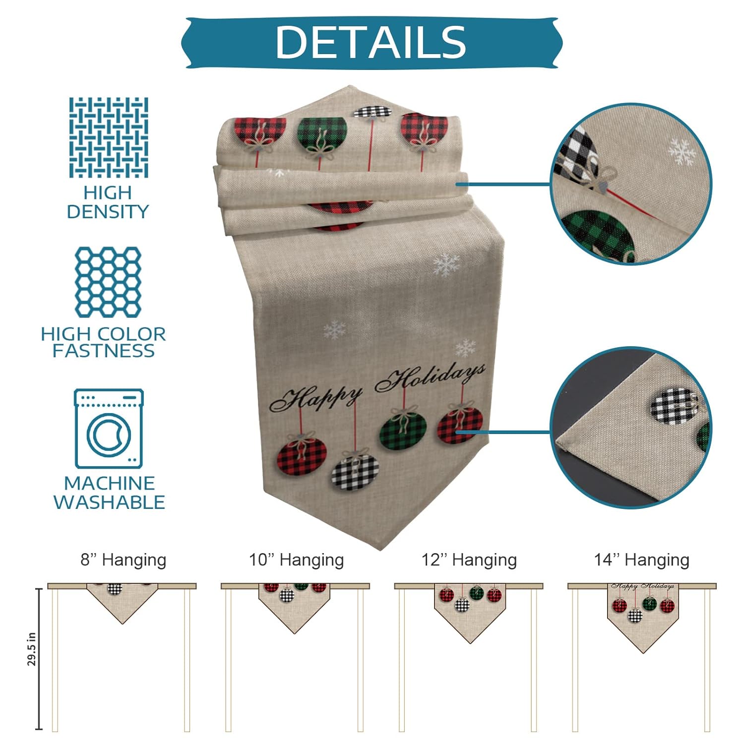 Christmas Theme Table Runners Cotton Linen Farmhouse Rustic Ornaments Plaid Balls Non-Slip Party Decorations Dresser Scarf For Kitchen ,Home ,Dining Table ,Outdoor,13X70 Inches Long Happy Holidays