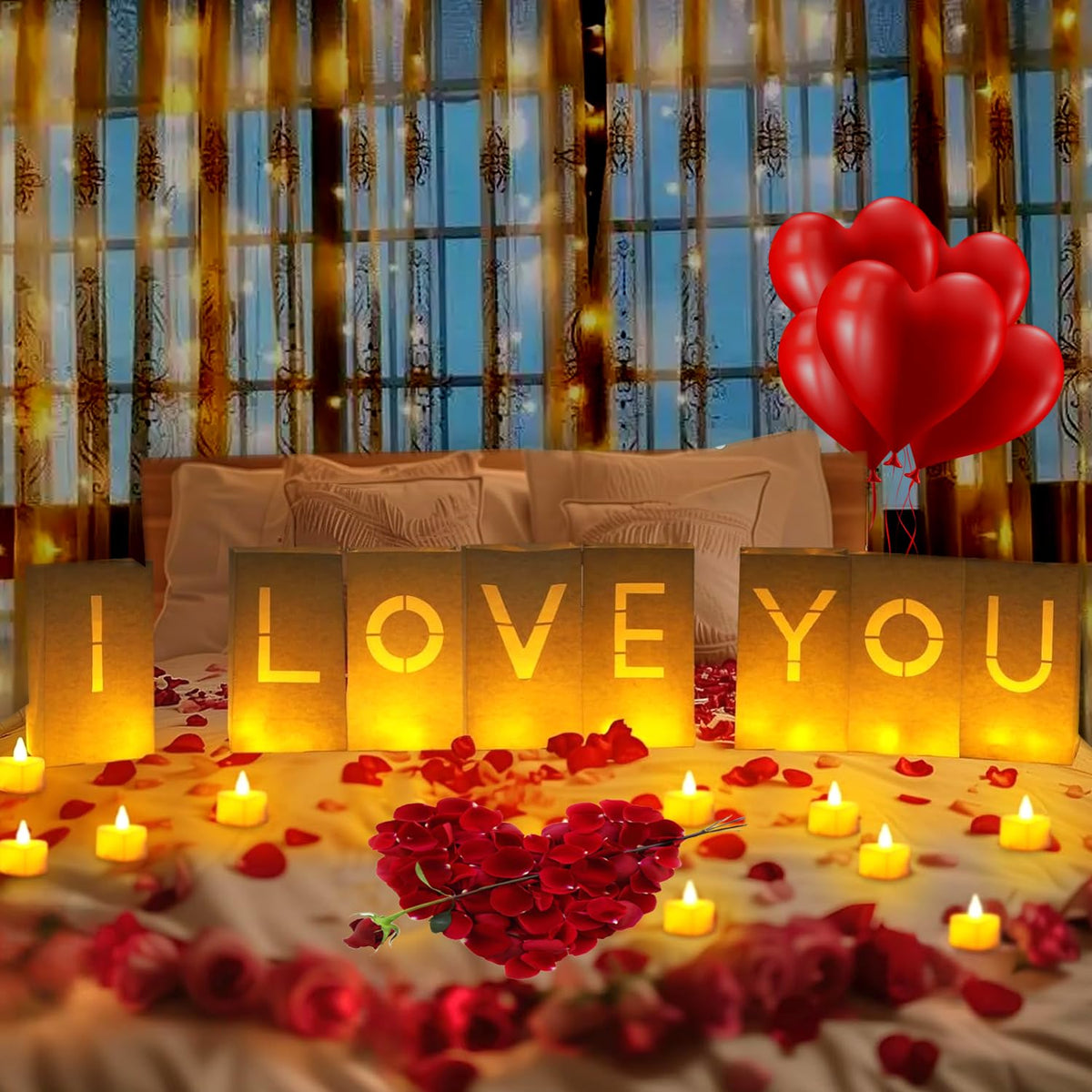 Special Night Romantic Decorations, Valentine'S Day Decorations - I Love You Light Up Letters Luminary Bags With Bright Flameless Tea Candles And Fake Rose Petals, Happy Anniversary