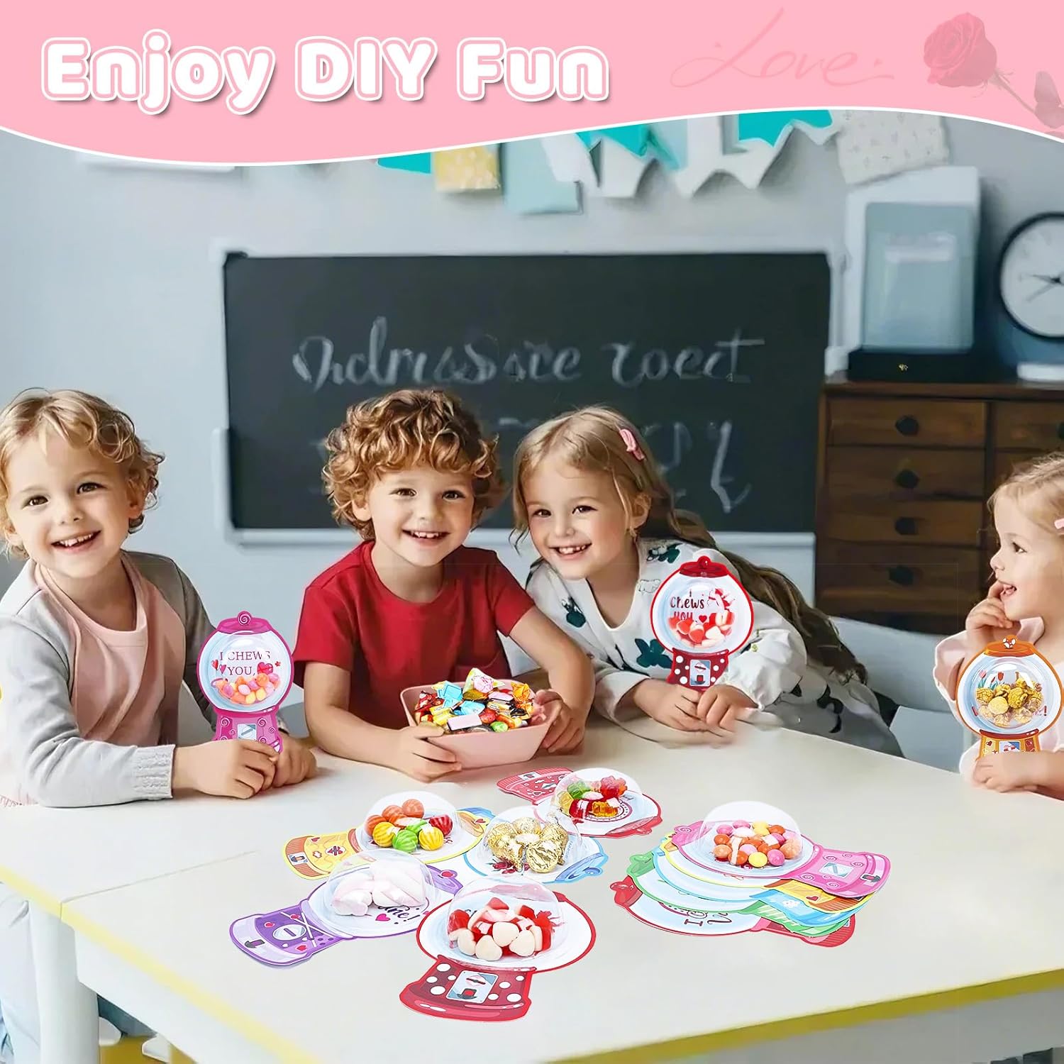 45 Pack Valentine'S Day Cards For Kids Classroom, Valentines Candy Holder Cards With Bubble Gum Machine Designs, Diy Valentine Exchange Gifts For Boys Girls School Party Favors, Not Included Candy