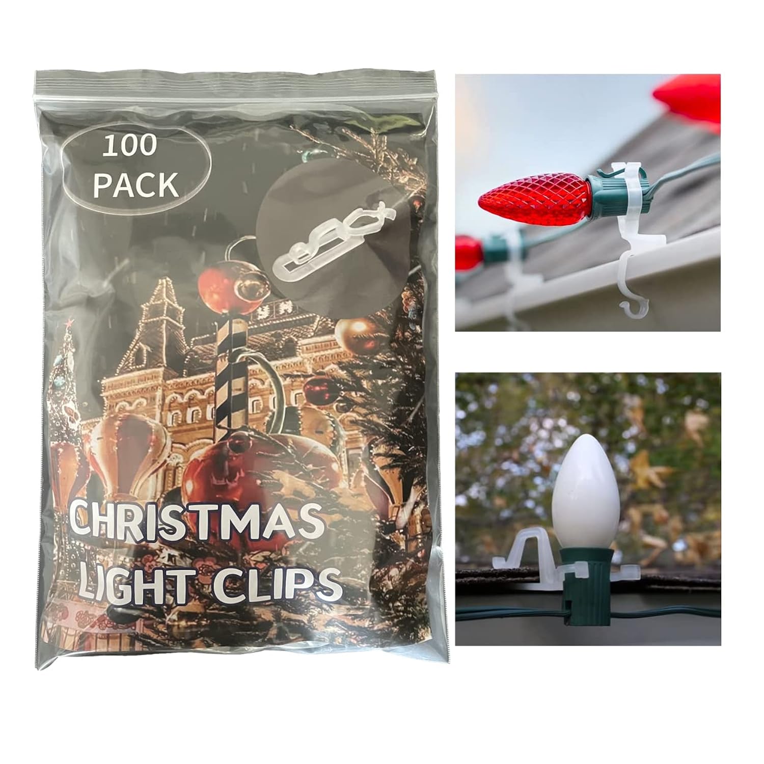 Christmas Light Clips, Holiday Light Hanging Clips, All In One Clip For C7 C9, Gutter Hooks For Outside Outdoor Roof (100 Pack)