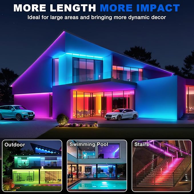 50FT RGB LED Neon Rope Lights App & Remote Control Music Sync IP67 Waterproof Strip Lights