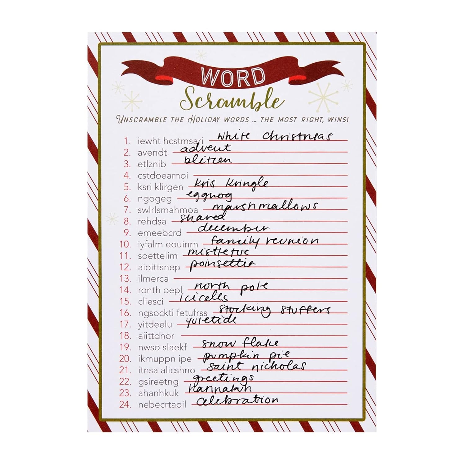 Christmas Word Scramble Game - 50 5X7 In Red, Green & White Traditional - Includes 2 Answer Keys & Adult Christmas Activity Sheets - Family Reunion Unscramble Words & Party Activity