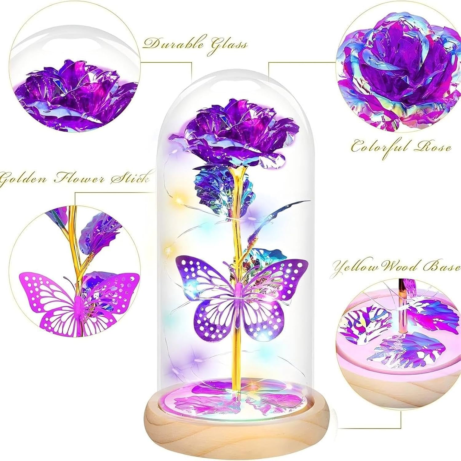 Rose Butterfly Artificial Flowers Eternal Glass Covered Wooden Base Led Lights Gifts For Ladies, Mothers, Daughters,Lovers On Birthdays,Mother'S Day,Anniversaries,Valentine'S Day,Christmas, Weddings