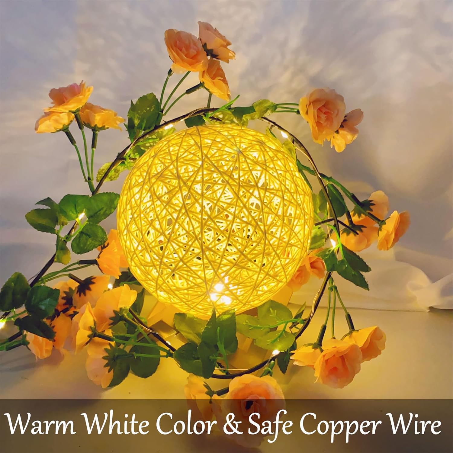 Artificial Flower Garland With 20 Led String Lights, 6Ft Hanging Rose Flower Vine Garland Decorations For Garden Wedding Flower Table Decor Birthday Party Indoor Bedroom Wall Room