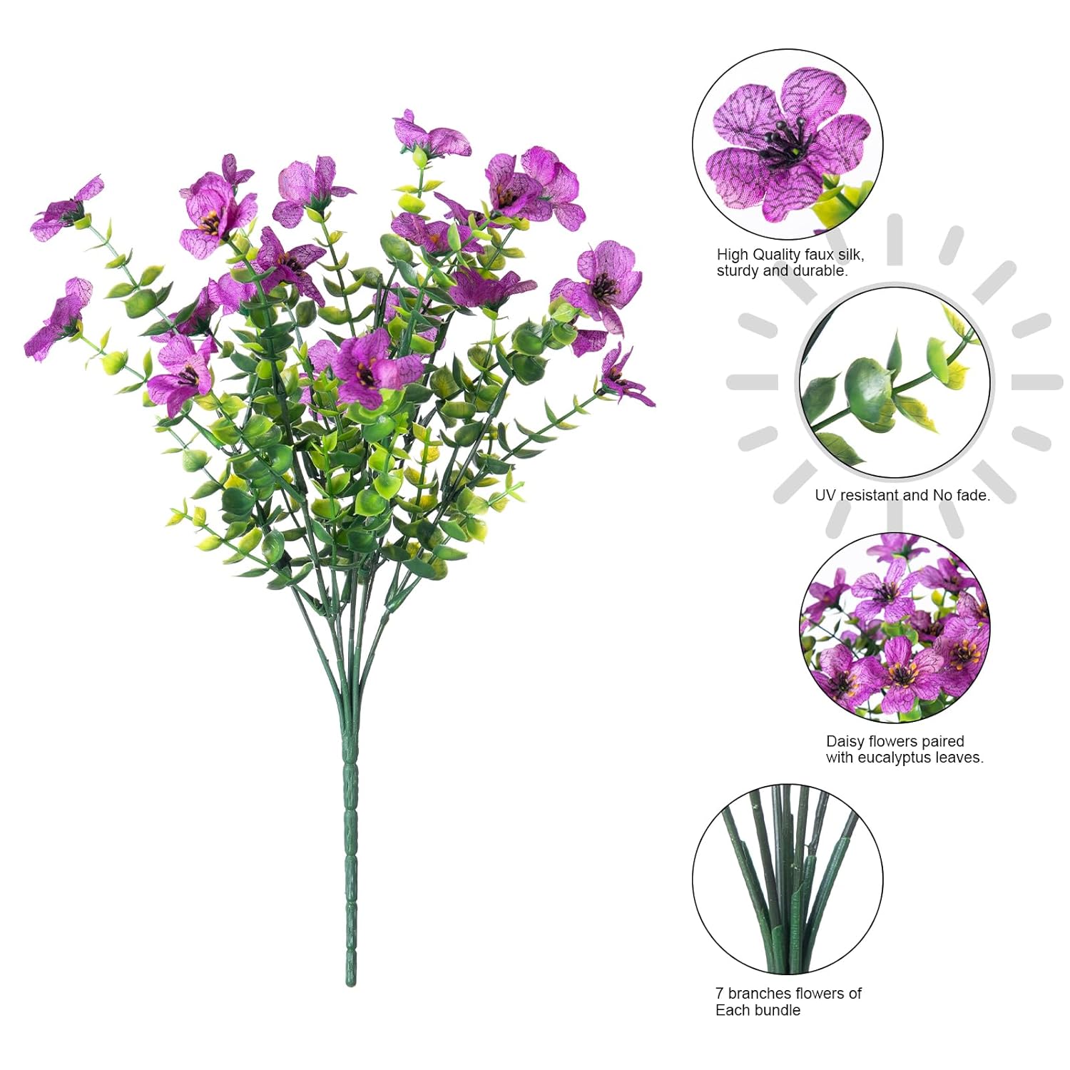 Artificial Flowers For Outdoor Indoor Garden Home Decoration, Faux Flower Daisy With Eucalyptus Leaves Fake Plants Greenery Boxwood Porch Patio, 12 Bundles (Purple)