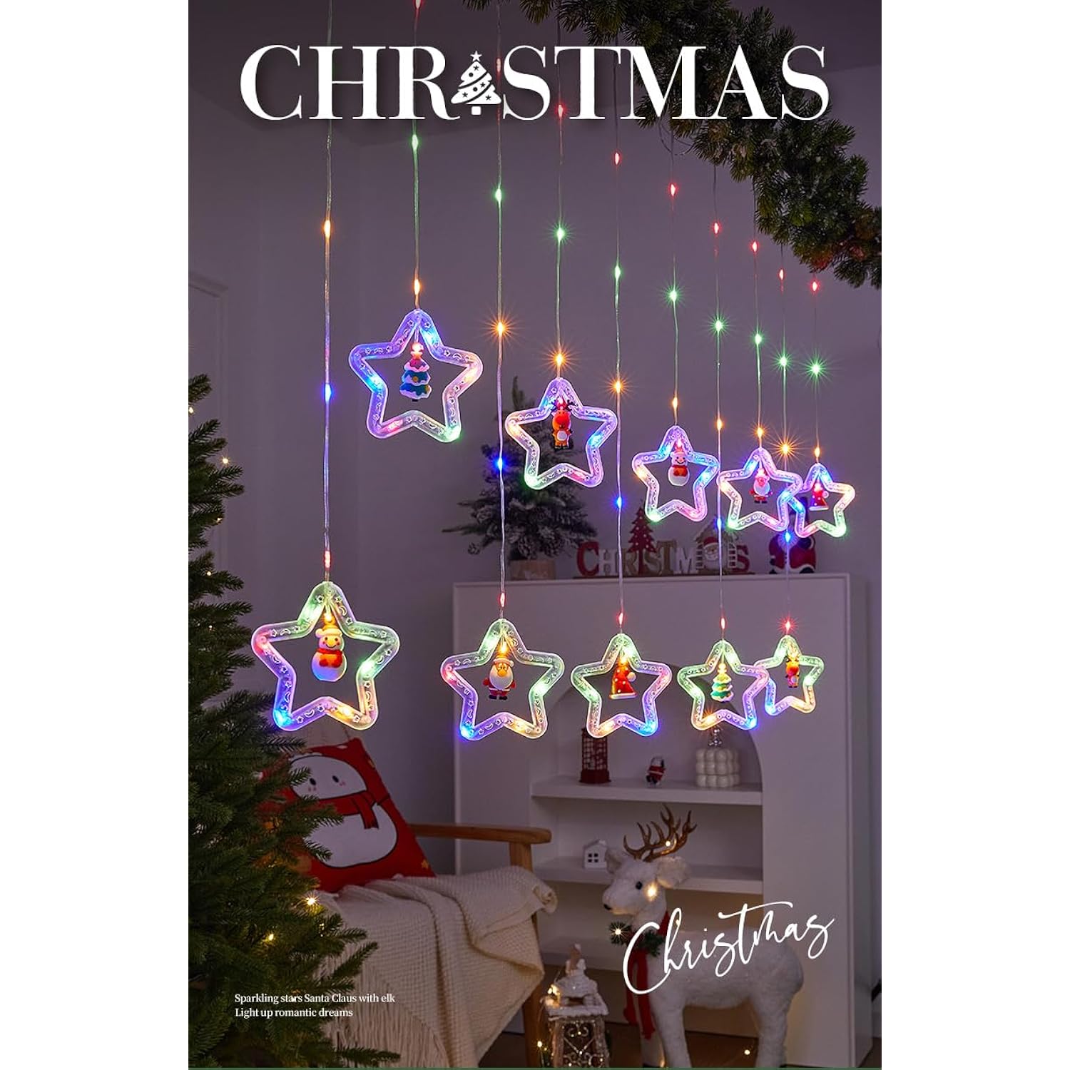 100L Christmas Star Curtain Lights With Decorative Ornaments - 10 Star Hanging Loop Lights, 0.4/0.6M Height, 2M Power Co