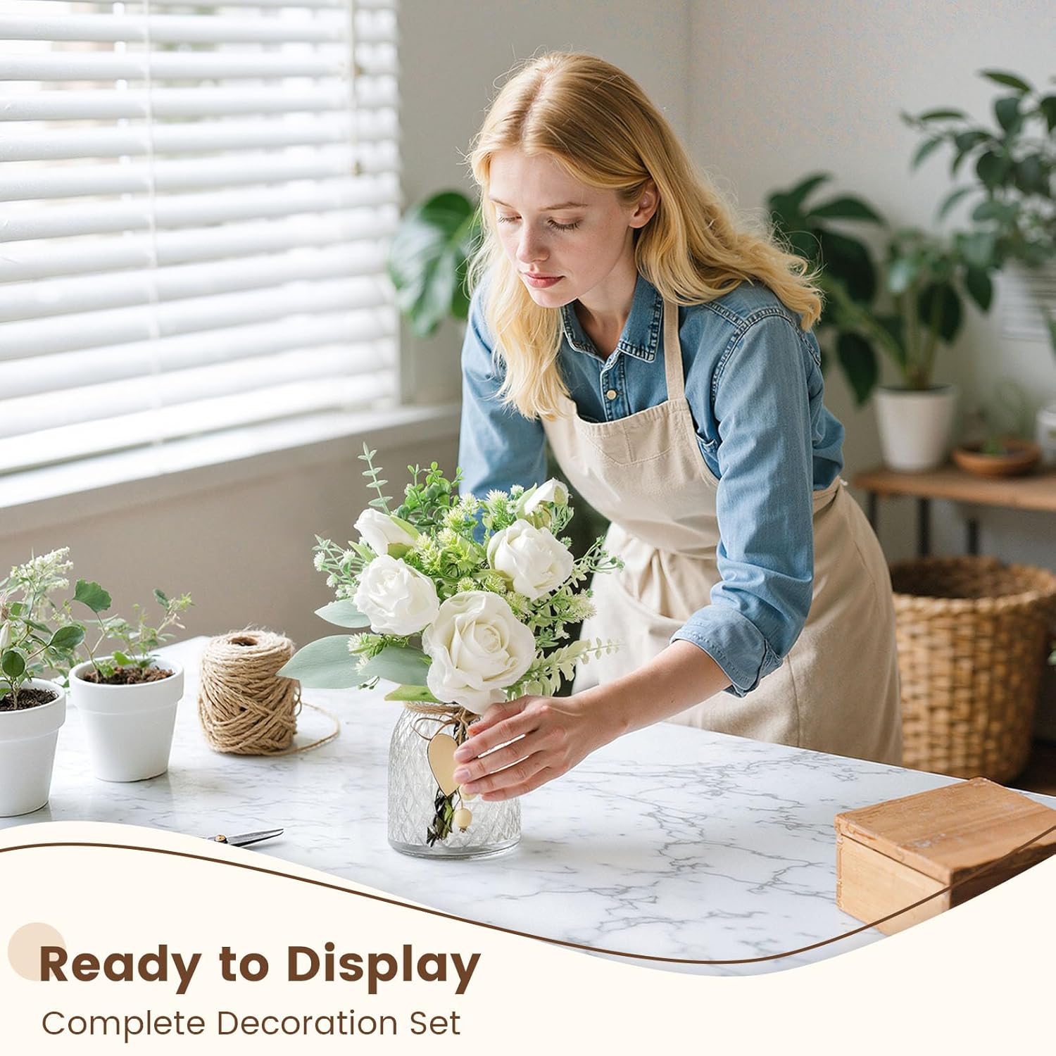 12.5Inch Artificial Flowers Bulks In Vase, White Fake Roses In Vase Lifelike Faux Flower Arrangement For Wedding Home Table Centerpieces