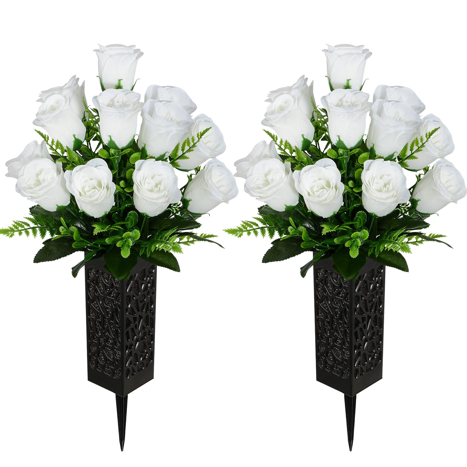 Artificial Cemetery Flowers, Grave Memorial Flowers, Set Of 2 Artificial Rose Bouquet With Vase For Cemetery Headstones Gravesites Decoration (White)