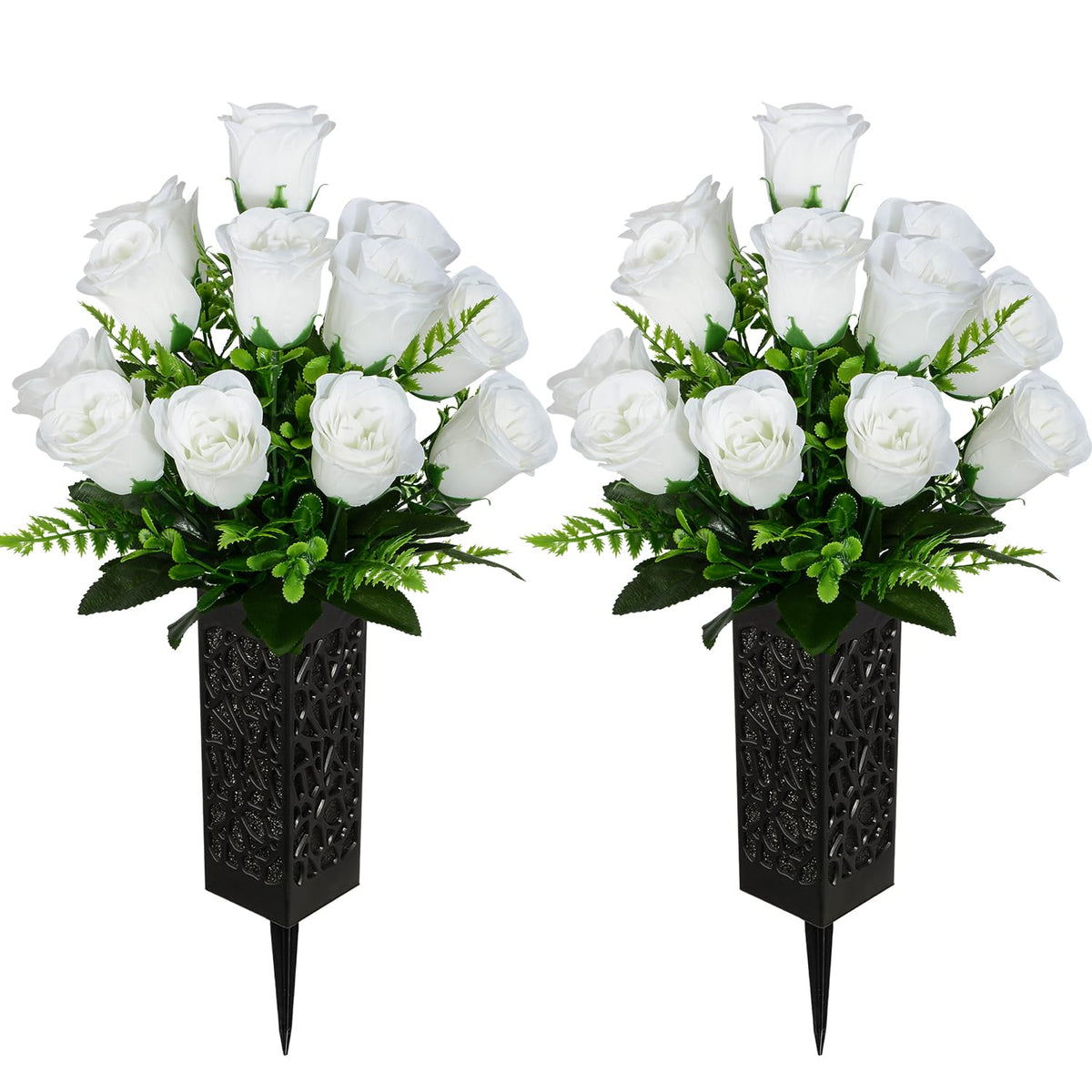 Artificial Cemetery Flowers, Grave Memorial Flowers, Set Of 2 Artificial Rose Bouquet With Vase For Cemetery Headstones Gravesites Decoration (White)