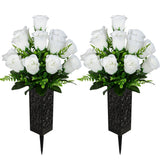 Artificial Cemetery Flowers, Grave Memorial Flowers, Set Of 2 Artificial Rose Bouquet With Vase For Cemetery Headstones Gravesites Decoration (White)