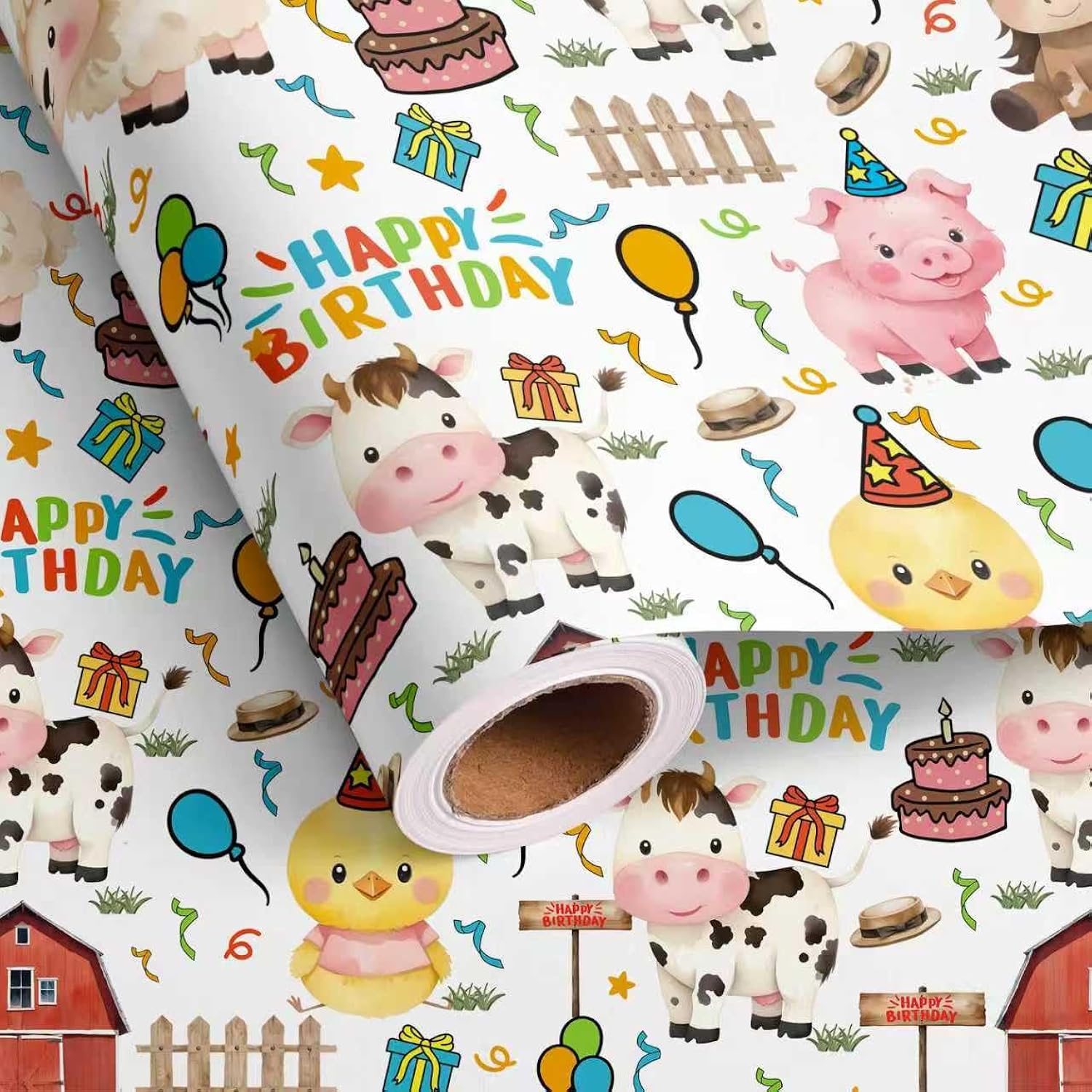 Farm Animal Wrapping Paper Roll For Boys Girls Kids - Cute Cow, Chick, Sheep, Horse Design Birthday Gift Wrap For Baby Shower Holiday Birthday Party - 17 In X 20 Ft(Total 28.5Sq.Ft)