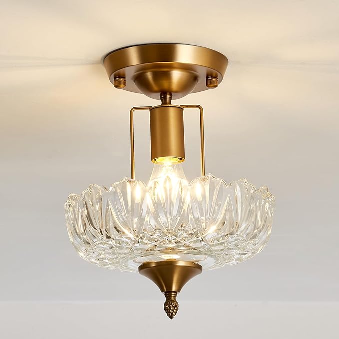 Vintage Gold Semi Flush Mount Ceiling Light Clear Glass Farmhouse Chandelier Fixture