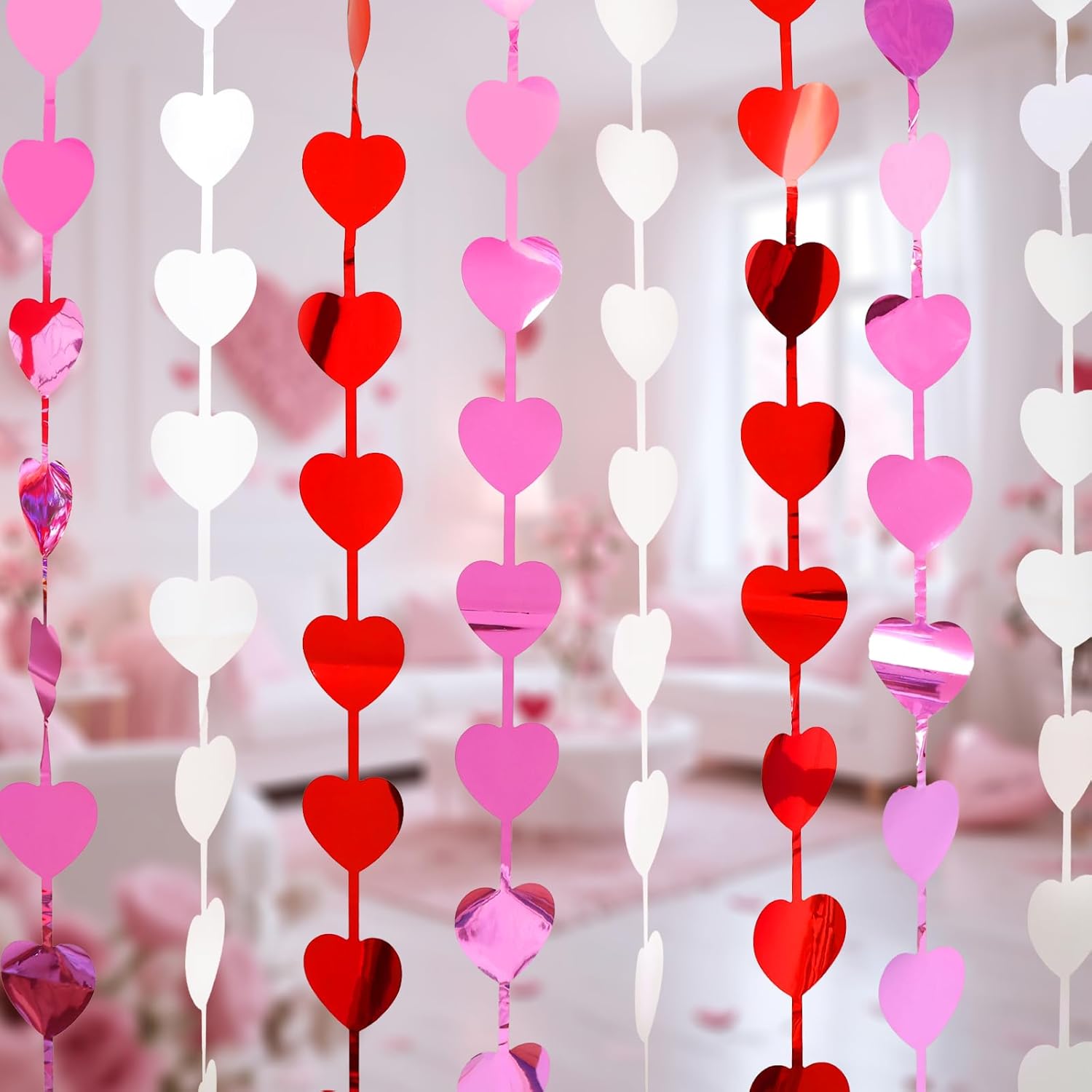 Valentines Decorations, 2 Pack Valentines Party Decoration,3.3X6.6Ft Red, Pink, White Heart Shape Tinsel Foil Fringe Curtains Photo Backdrop,Streamer Backdrop For Birthday,Engagement,Wedding