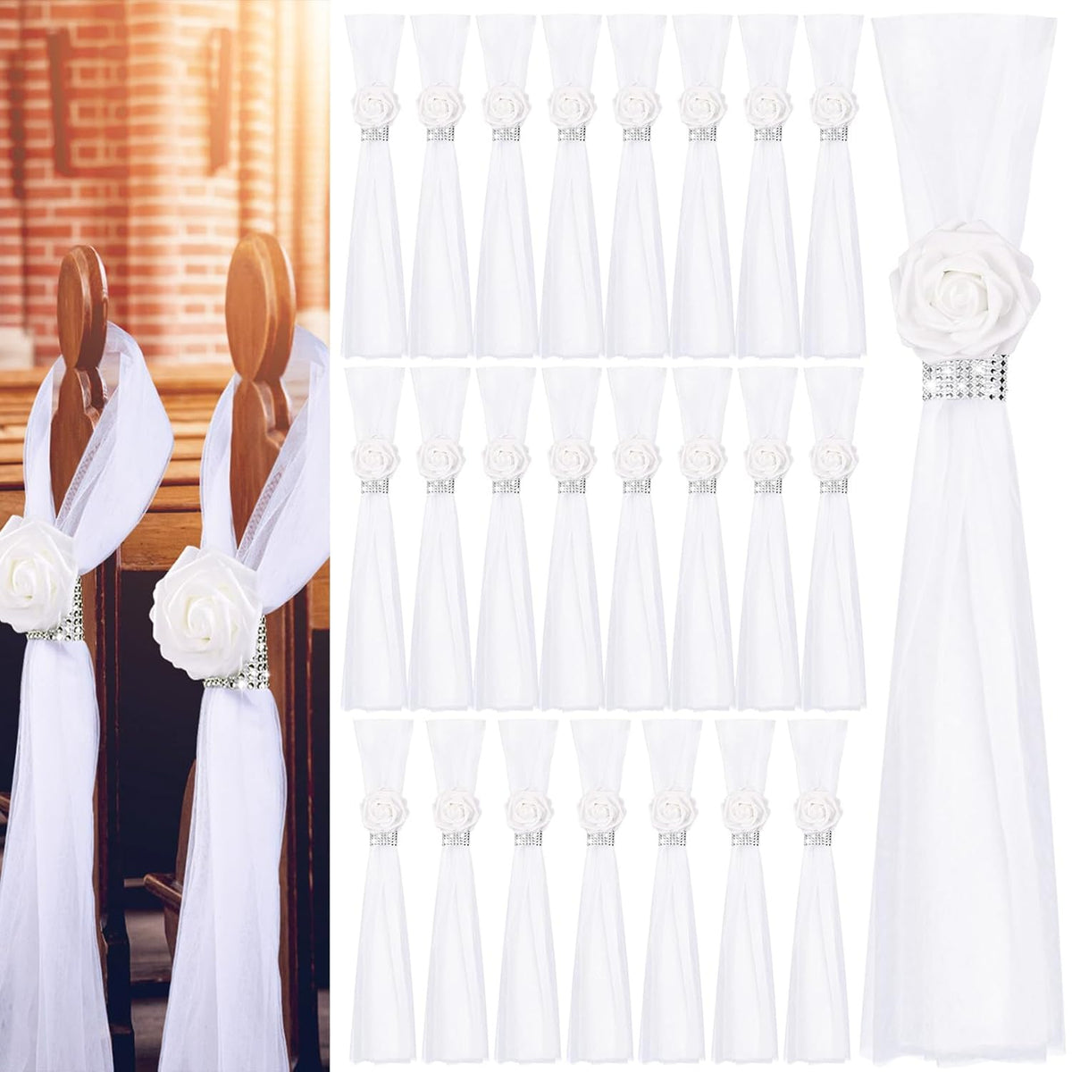 Wedding Aisle Decorations For Ceremony Set Of 24,Wedding Chair Pew Flowers Church Decorations With Artificial White Roses Flowers Rhinestone For Weddings Party Bench Pew Aisle Decor