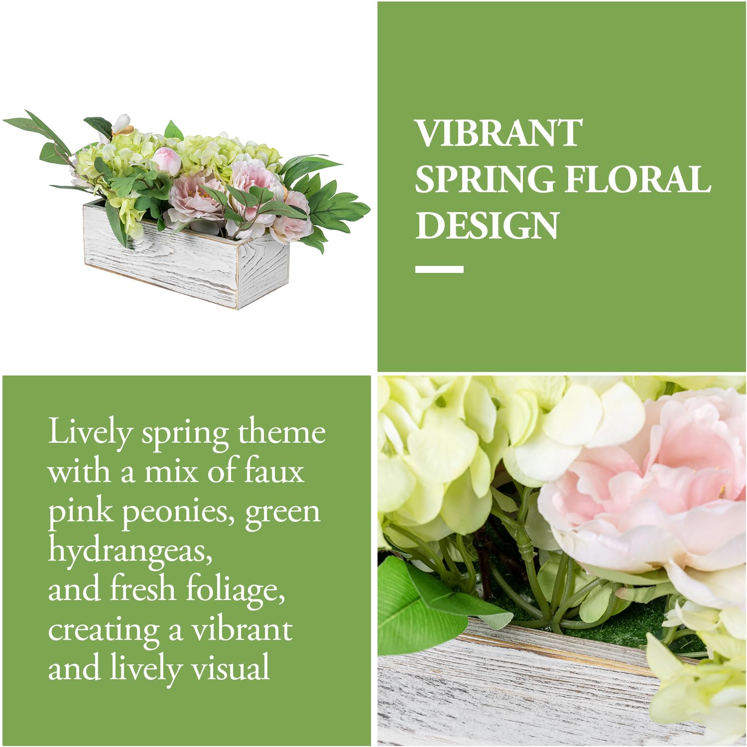 MyGift Artificial Floral Arrangement with Faux Pink Peonies, Green Hydrangea and Foliage in White Washed Solid Wood Planter Box, Tabletop Flower Centerpiece for Home Decor, Wedding, Events