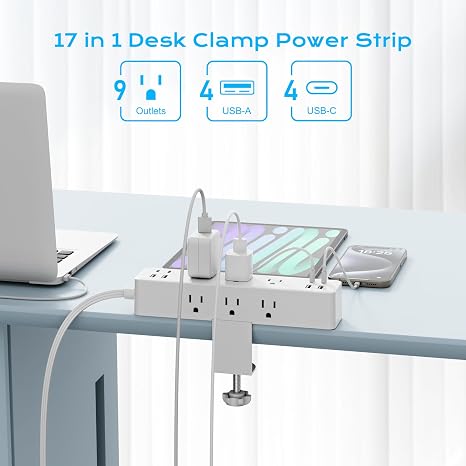 Desk Clamp Power Strip 9 Outlets 8 USB Ports 20W USB C 10FT Cord White