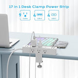 Desk Clamp Power Strip 9 Outlets 8 USB Ports 20W USB C 10FT Cord White