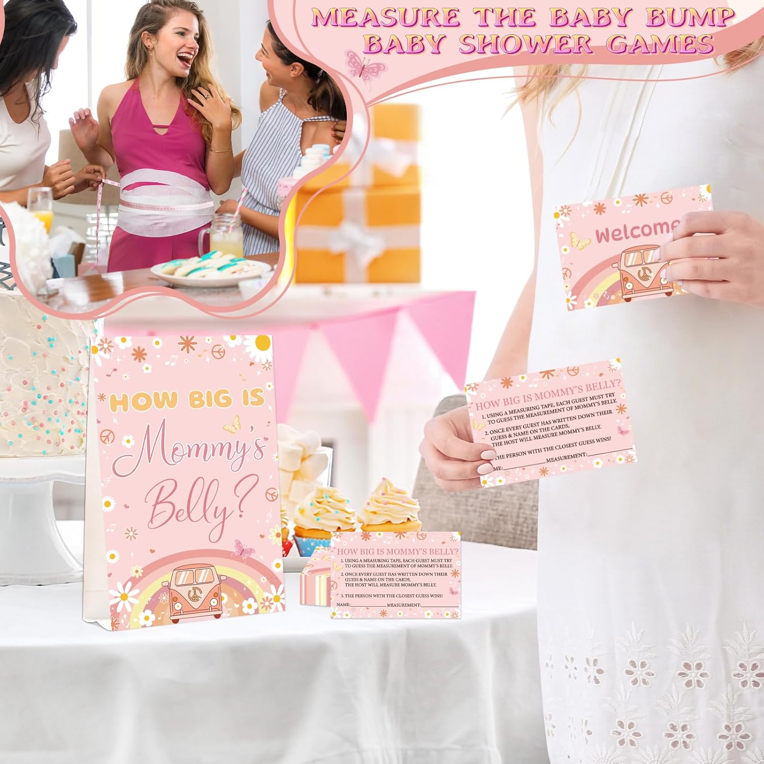 64 Pcs Guess Baby Shower Games Include How Big Is Mommy'S Belly Sign 50 Guessing Cards 10 Pencils 3 Measuring Tapes For Measure The Belly Baby Shower Game Gender Reveal Party (Rainbow)