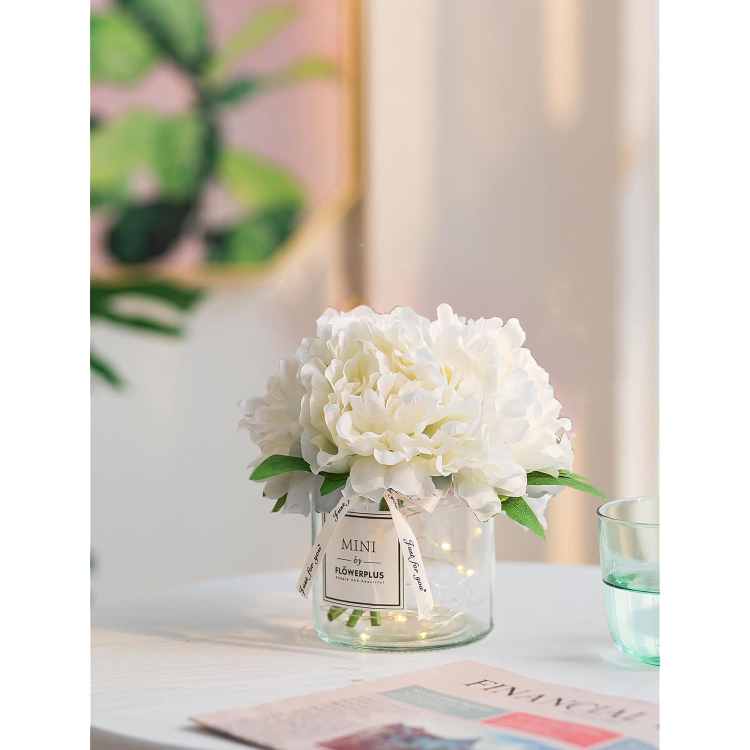 Fake Flowers In Vase For Table: White Artificial Peony With Glass Vase Led Light For Centerpieces Decor - Small Faux Arrangements Desk Vanity Bathroom Office Decoration