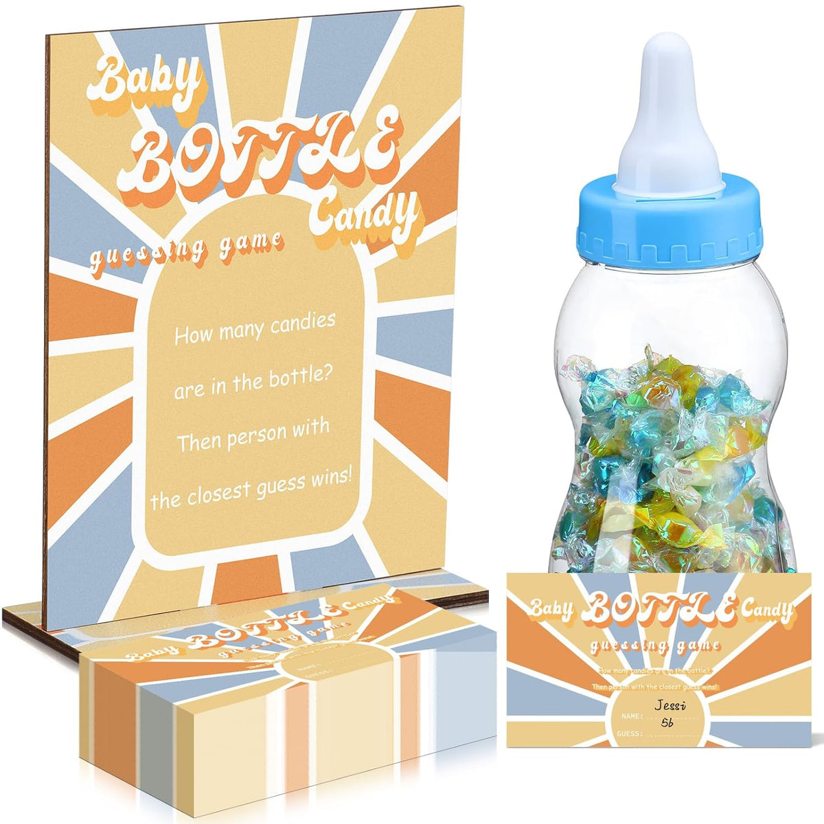 62 Pcs Here Comes The Son Candy Guessing Game Includes 11 Inch Large Baby Bottle Bank 60 Pcs Candy Guessing Cards For Expecting Mothers, Girl And Boys Baby Showers Party Games