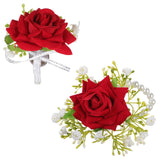 2Pcs Artificial Red Rose Boutonniere And Corsage Set Corsage Wristlet Band For Prom Decor Wedding Party Flower Accessories