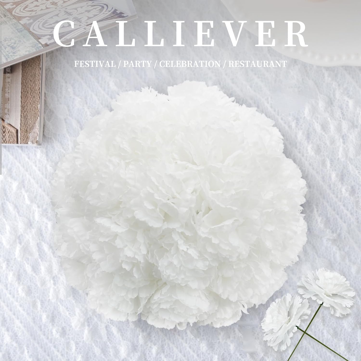 Artificial Carnation Flower, 50Pcs Silk Faux Flower Heads With Stem, For Diy Wreath, Wedding Decor, Handmade Flowers, Table Centerpieces, Home Decor, Baby Shower, Graduation Decor (50, White)