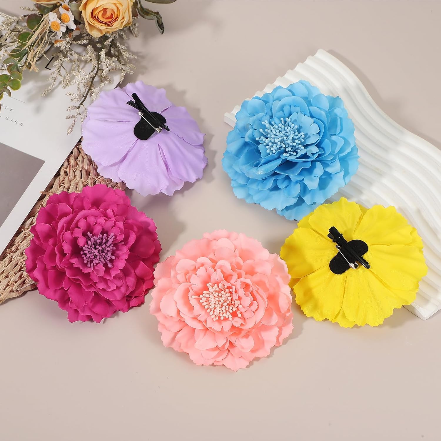 uxcell 3 Pcs Peony Flowers Hair Clip, 4.7 Inch Artificial Fabric Head Flower for Women Hair Pins Corsage DIY Crafts Clothing Wedding Birthday Party, Yellow