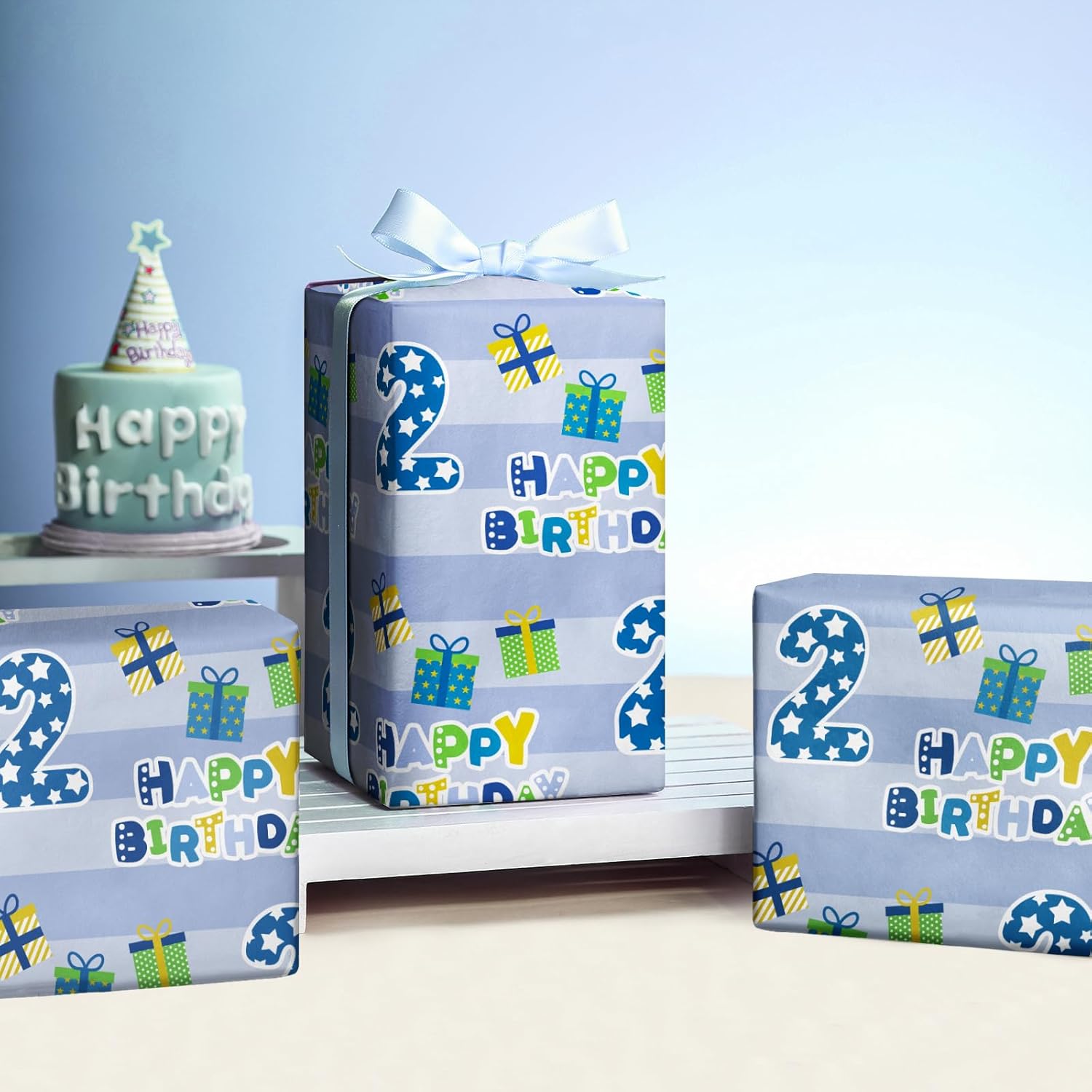 2Nd Birthday Wrapping Paper Sheet - 6 Sheets Blue Happy Birthday With Gift Box Design Folded Flat For Bday, Party, Baby Showers - 19.7 Inch X 27.5 Inch Per Sheet