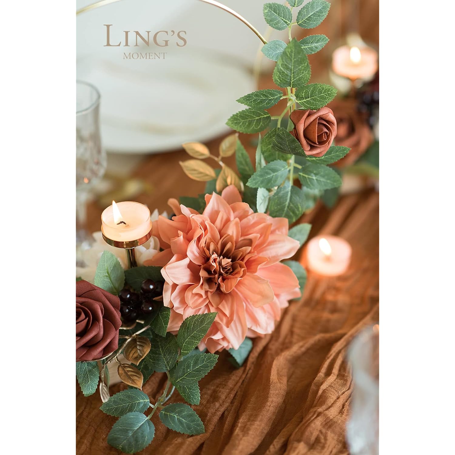 Candle Holder Hoop Terracotta Wreath Floral Centerpieces For Sweetheart Table, Head Table, Ceremony Reception Artificial Flowers Decorations Assembled(Set Of 3)