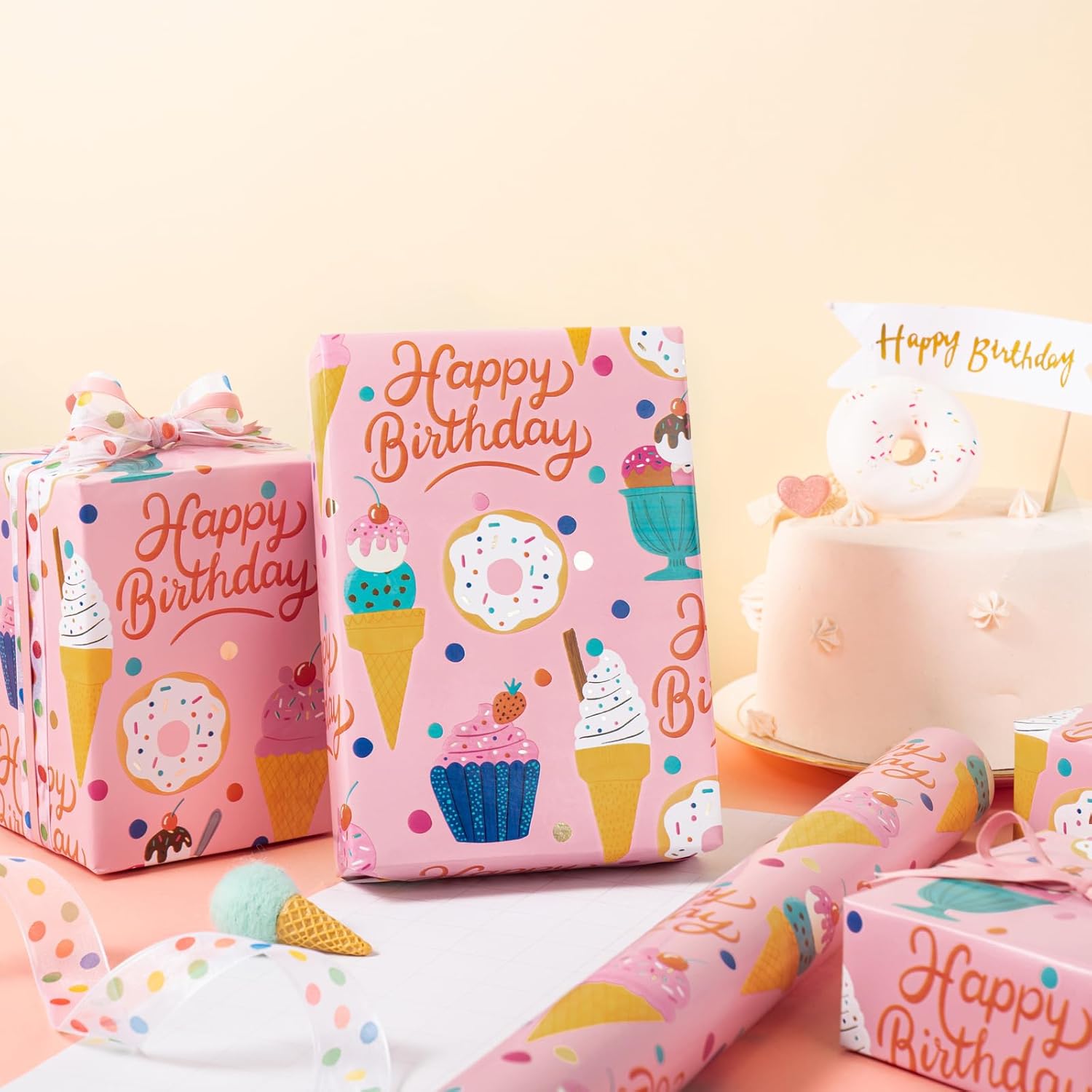 Birthday Wrapping Paper Roll - Mini Roll - 17 Inch X 33 Feet - Gold Foil Icecream Pink Happy Birthday Wrapping Paper For Kids Girls Celebration, Party, Baby Shower